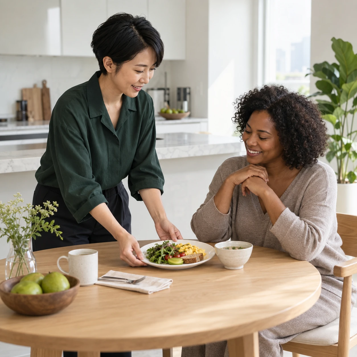 A care professional serving breakfast to a guest in a bright apartment dining area.